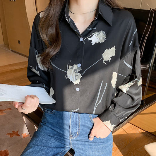 Rose Print Lapel Satin Shirt modakawa