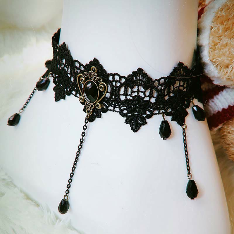 Gothic Punk Retro Lace Crystal Lolita Chocker modakawa