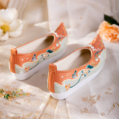 Sweet Retro Pearl Decor Floral Embroidery Shoes modakawa