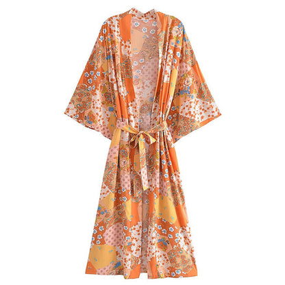 Boho Beach Print Belt Robe Long Cardigan Outerwear modakawa