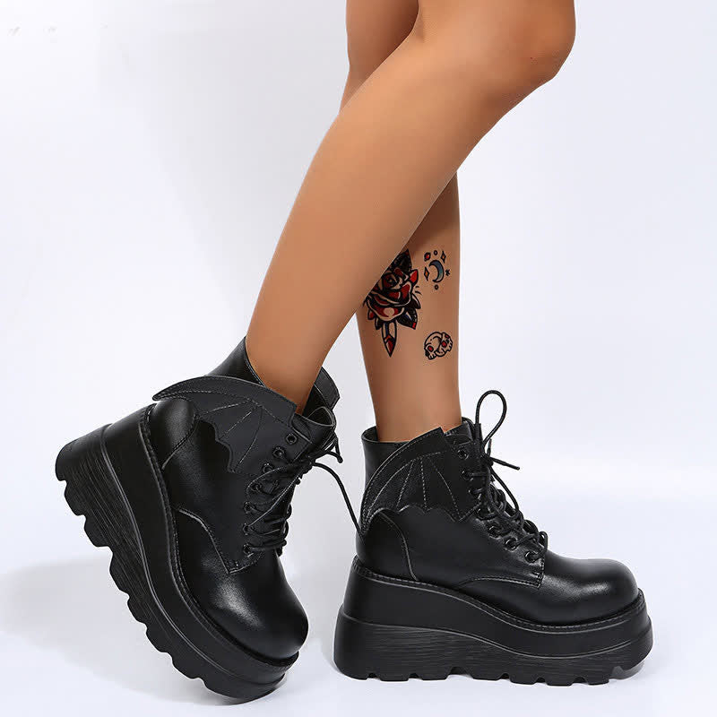 Black Punk Goth Wings Lace Up High Wedge Boots modakawa