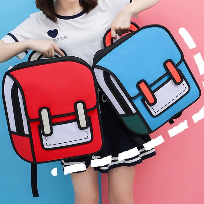 3D Cartoon Colorblock Canvas School Backpack modakawa