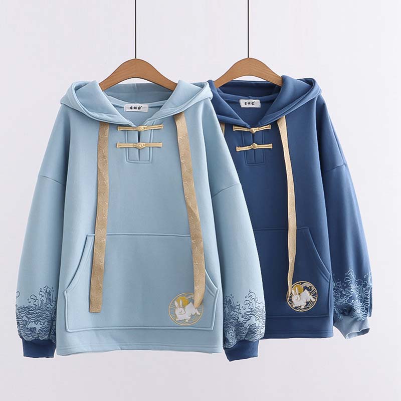 Casual Rabbit Embroidery Wave Print Hoodie modakawa