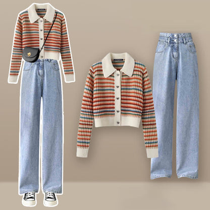 Colorful Stripe Rainbow Cardigan Casual Pants modakawa