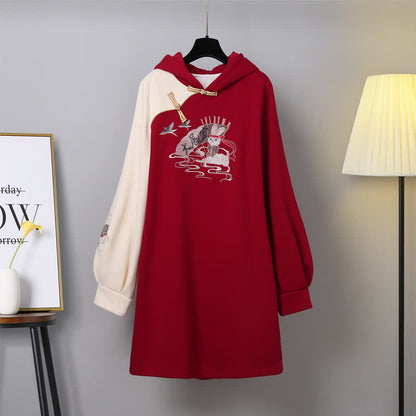 Bunny Red Colorblock Plush Hooded Sweatshirt Dress modakawa