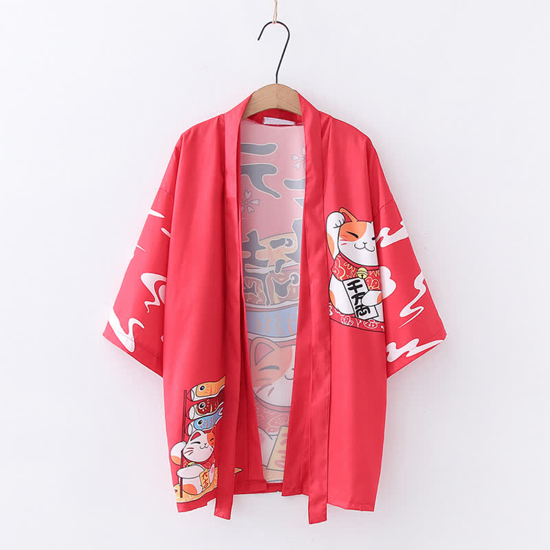 Lucky Cat Print Cardigan Kimono Outerwear modakawa