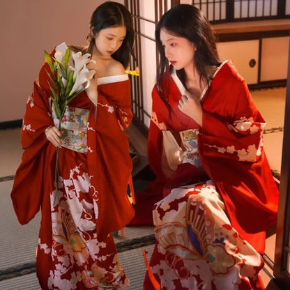 Red Elegant Print Traditional Kimono Dress modakawa