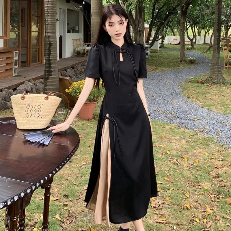 Elegant Black Buckle Split A-line Cheongsam Dress modakawa