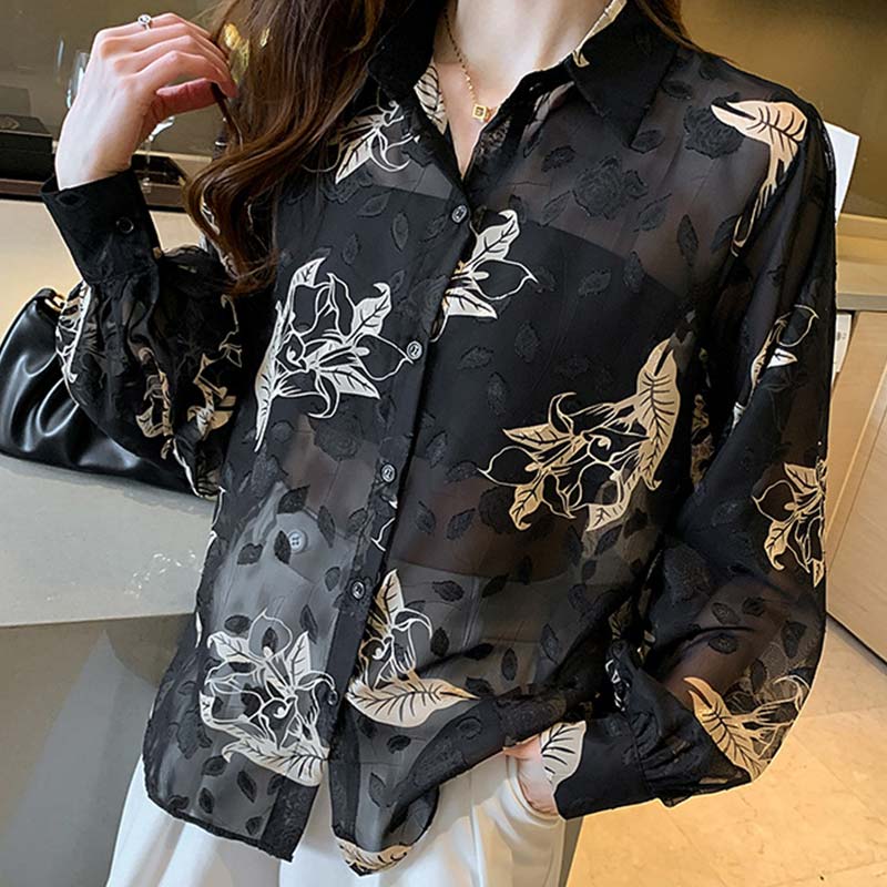 Black Floral Print Puff Sleeve Chiffon Shirt Modakawa