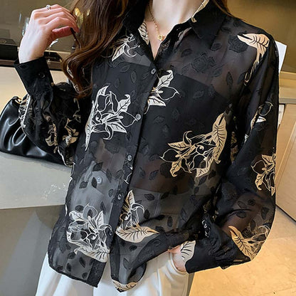 Black Floral Print Puff Sleeve Chiffon Shirt Modakawa