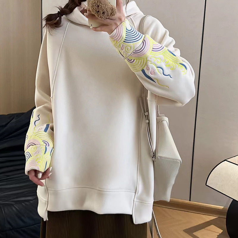 Casual Floral Embroidery Plush Loose Hoodie Modakawa