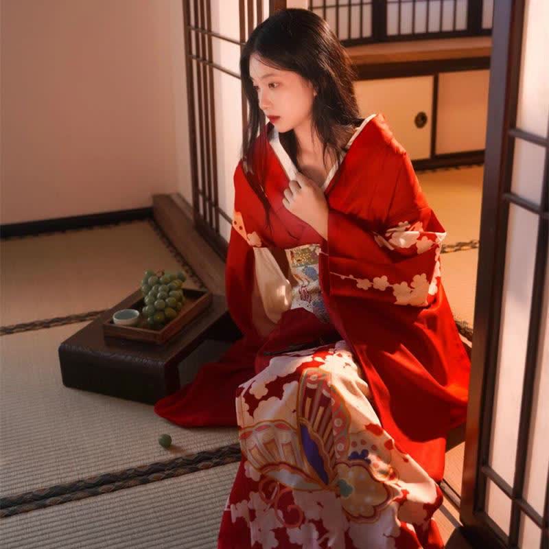 Red Elegant Print Traditional Kimono Dress modakawa