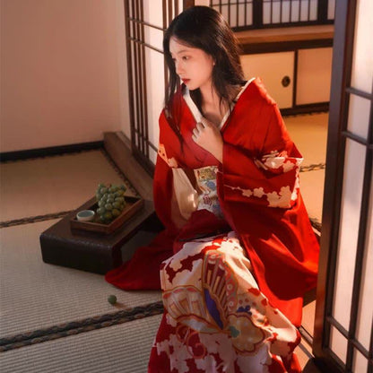 Red Elegant Print Traditional Kimono Dress modakawa