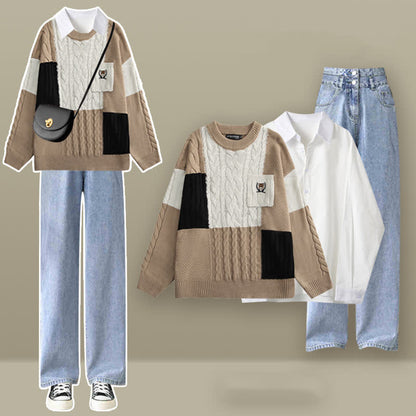 Colorblock Cable Knit Sweater Shirt Denim Pants Set Modakawa