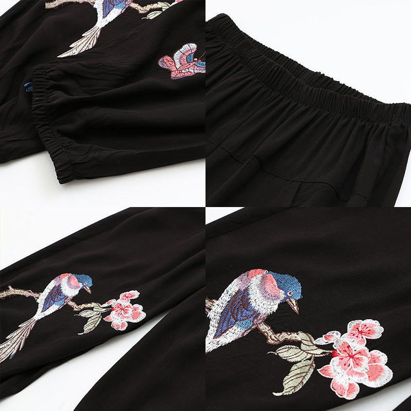 Vintage Bird Embroidery Buckle T-Shirt Pants Set modakawa