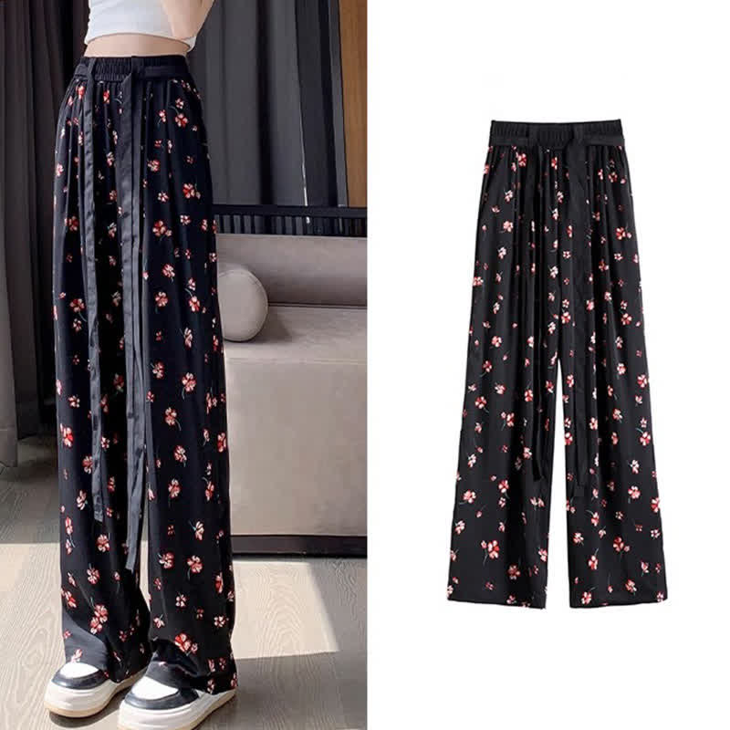 Vintage Flowers Print Chiffon Wide Leg Pants modakawa