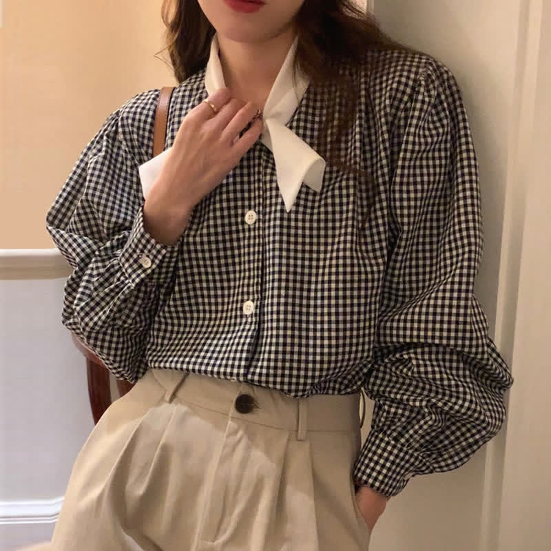 Lattice Print Bow Tie Puff Sleeve Shirt Workwear modakawa