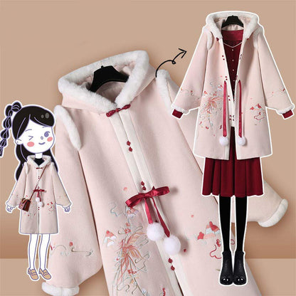 Charming Floral Embroidery Hooded Coat Dress Set Modakawa