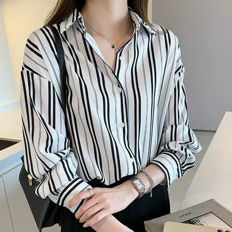 Stripe Print Long Sleeve Chiffon Shirt Workwear modakawa