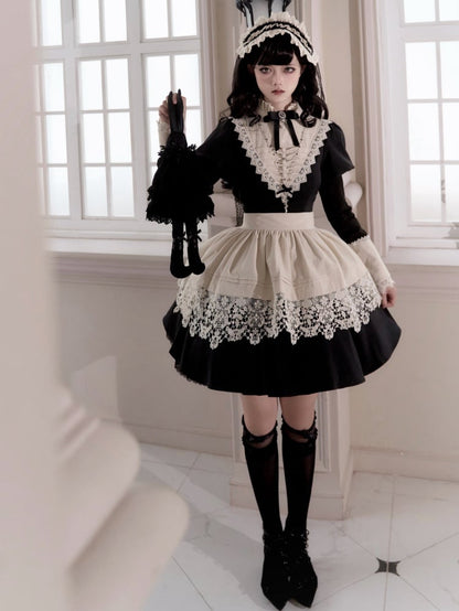 Black Beige Ruffle Banded Collar Lolita Short Dress mySite