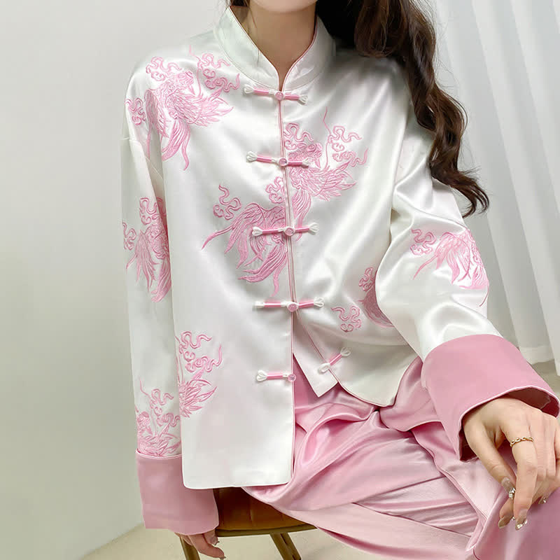 Vintage Floral Embroidery Buckle Long Sleeve Satin Shirt Modakawa