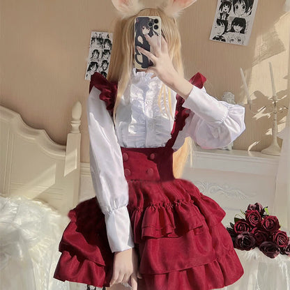 Lolita Red Button Ruffled Shirt Bubble Overalls Skirt Set Modakawa