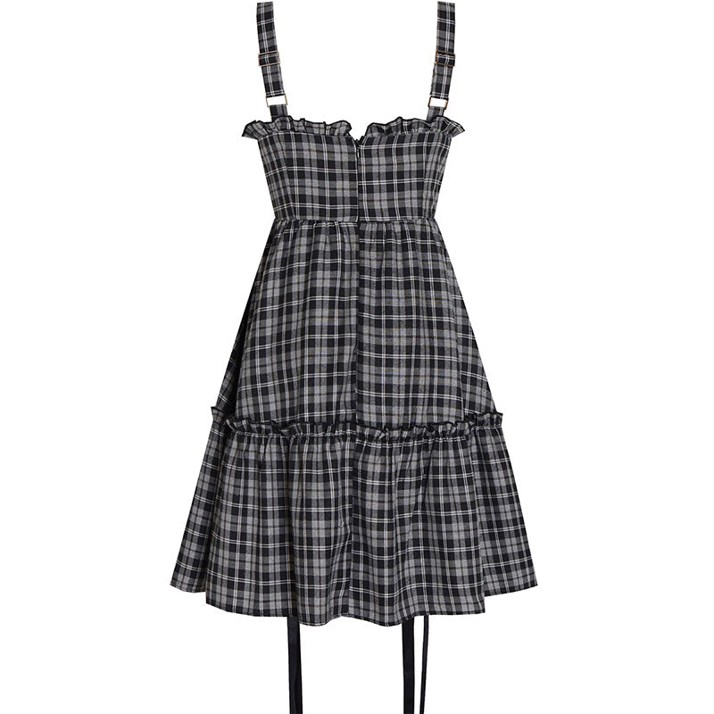 Sweet Lattice Print Bow Knot Slip Dress modakawa