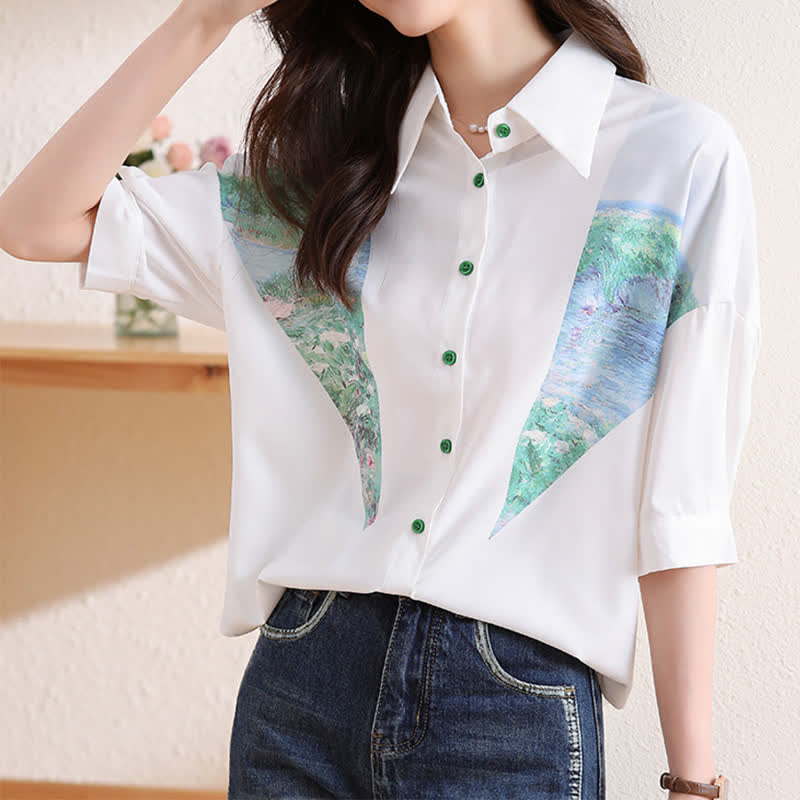 Chic Painting Print Chiffon Lapel Shirt modakawa