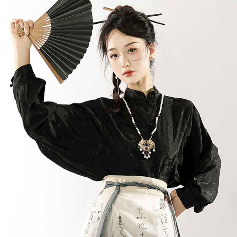 Vintage Long Sleeve Jacquard Shirt Character Print Pleated Skirt modakawa