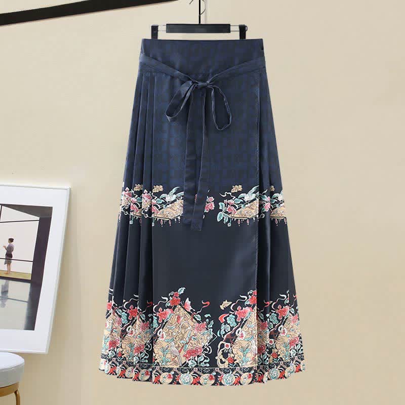 Graceful Hanfu Buckle T-Shirt Lace Up Graghic Print Pleated Skirt modakawa