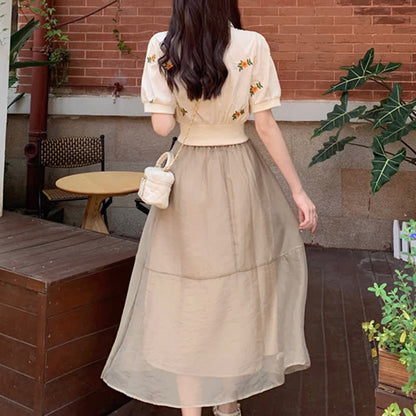 Floral Embroidery Lapel Pocket T-Shirt Long Skirt modakawa