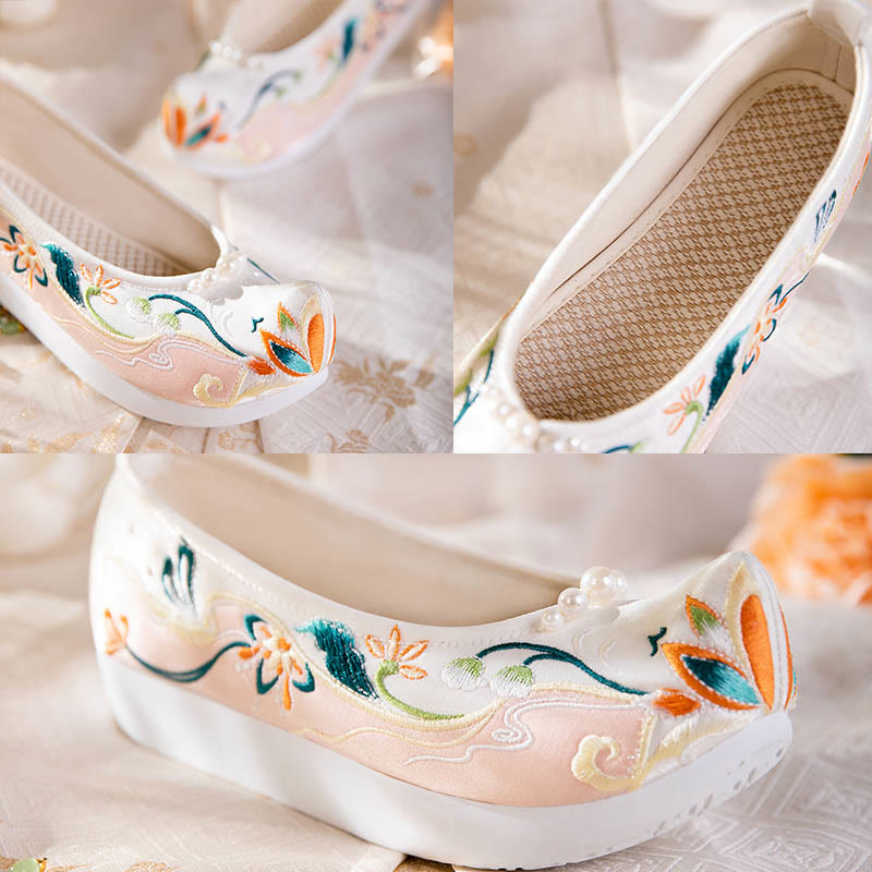 Sweet Retro Pearl Decor Floral Embroidery Shoes modakawa