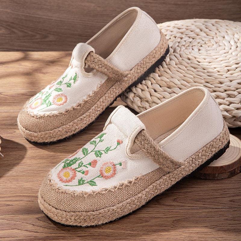 Vintage Embroidery Floral Canvas Flats Shoes Modakawa