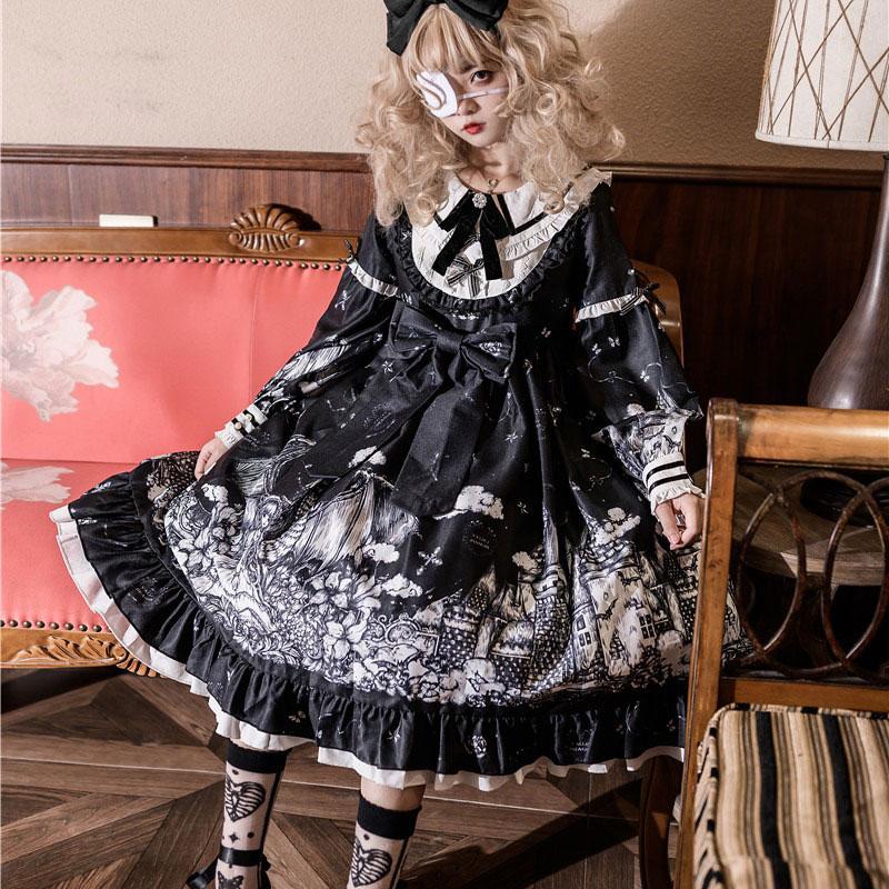 Y2K Gothic Print Bow Ruffle Doll Collar Lolita Dress Modakawa