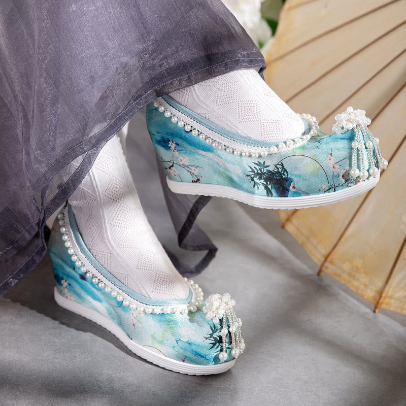 Tie-dye Floral Print Pearl Decor Shoes modakawa