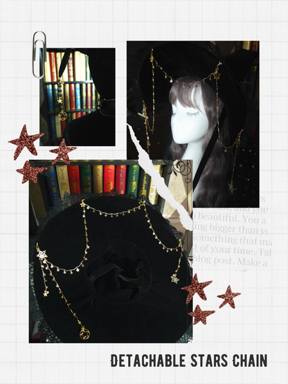 Halloween Dark Fancy Shiny Veil and Stars Chain Witch Hat mySite