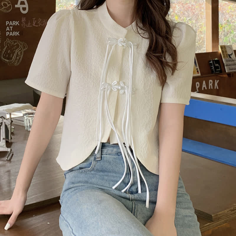 Elegant Buckle Puff Sleeve Loose T-Shirt modakawa