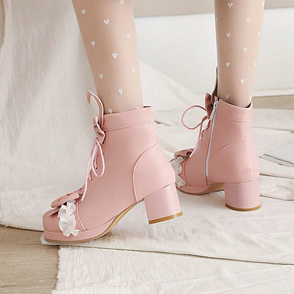 Sweet Strawberry Bow Lolita Lace Up Boots Modakawa