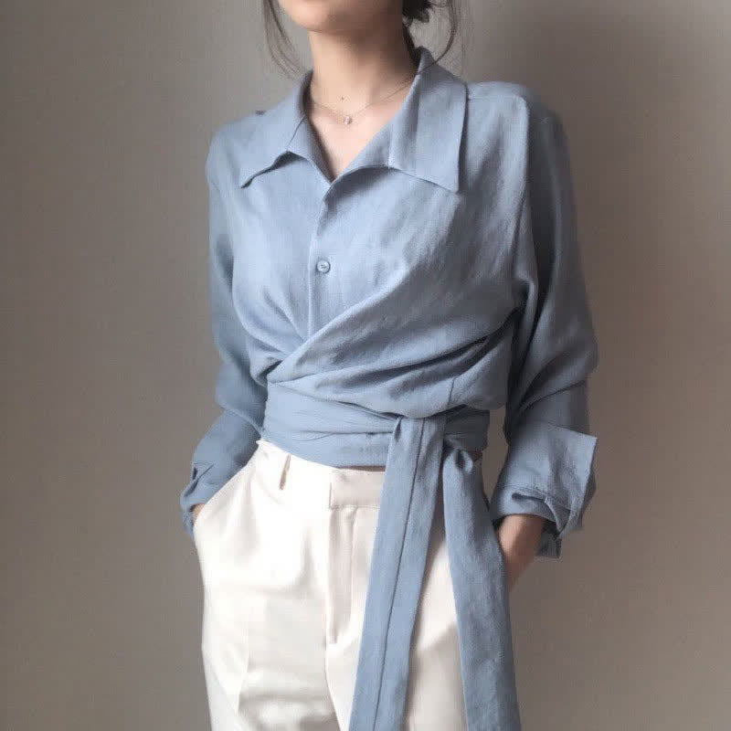 Chic Blue Cross Lace Up Lapel Shirt modakawa