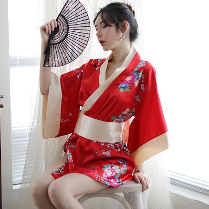 Charming Red Kimono Floral Cosplay Lingerie Dress Modakawa