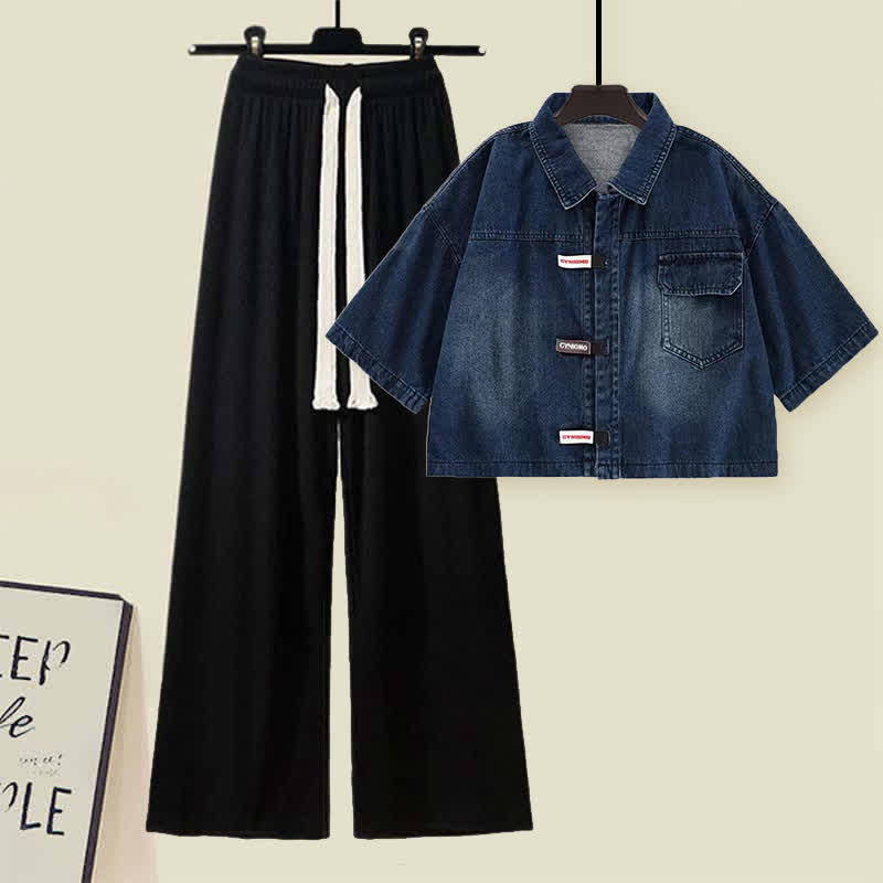 Lapel Denim T-Shirt Drawstring Pants Set modakawa