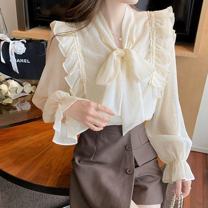 Elegant Bowknot Flouncing Chiffon Shirt modakawa