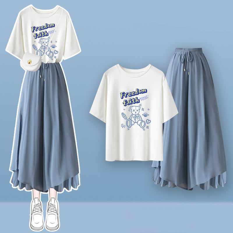 Cartoon Bear Letter Print T-Shirt Blue Pantskirt Modakawa