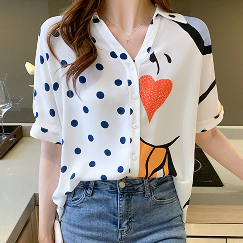 Heart Polka Dots Print Blouse Workwear modakawa