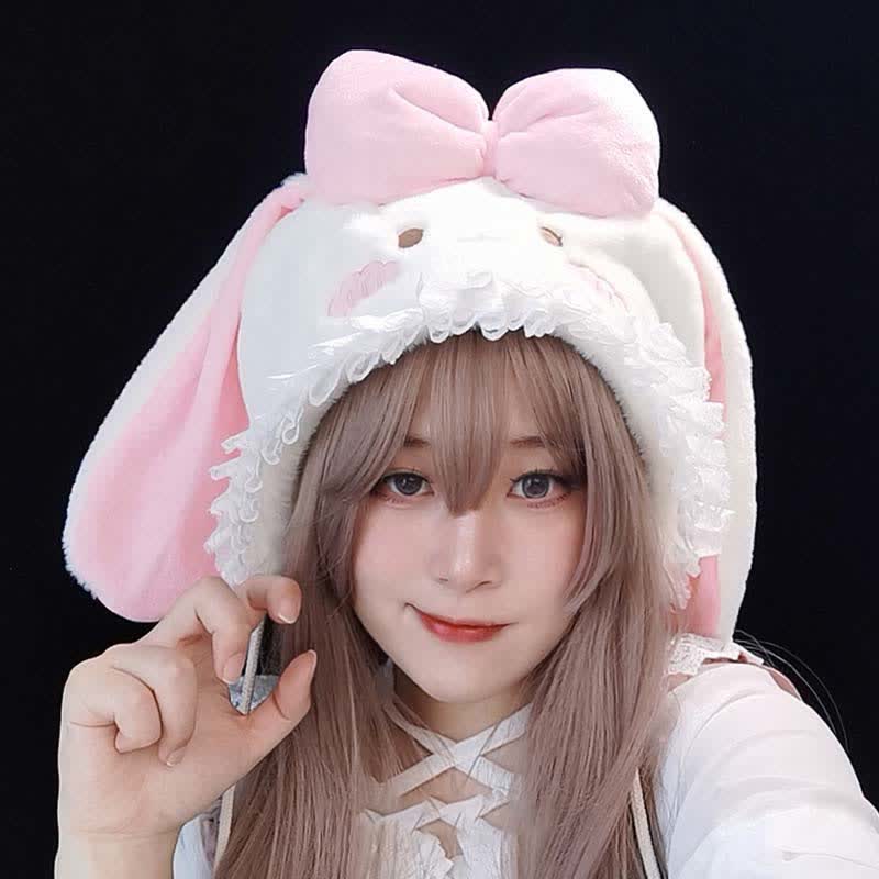 Pink Bowknot Decor Lolita Bunny Ears Plush Hat modakawa