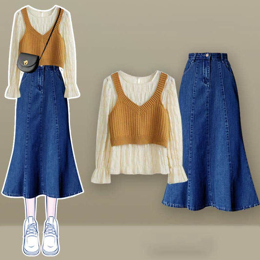 Pure Color Vest Shirt High Waist Fishtail Denim Skirt Modakawa