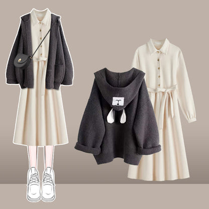 Bear Ears Hooded Cardigan Sweater Belted Lapel Dress modakawa