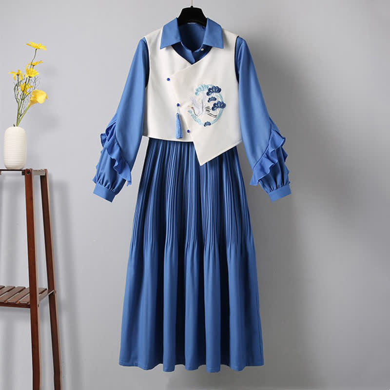 Blue Crane Embroidery Fringed Vest Lapel Dress Set Modakawa