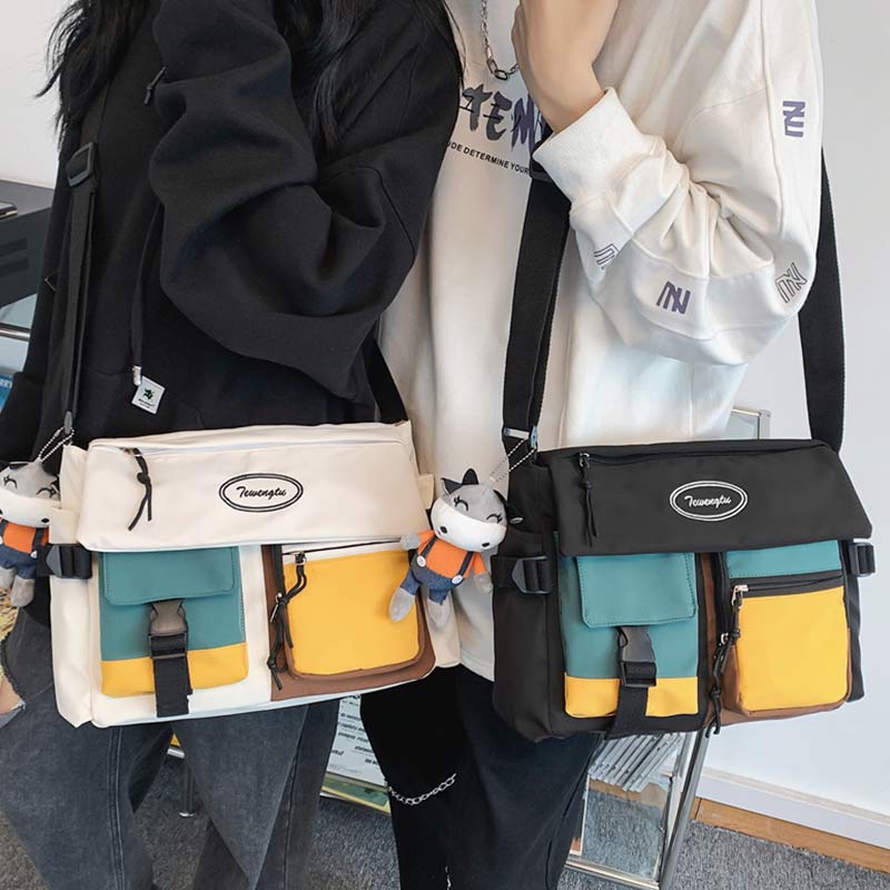 Fashion Colorblock Letter Print Canvas Crossbody Bag modakawa