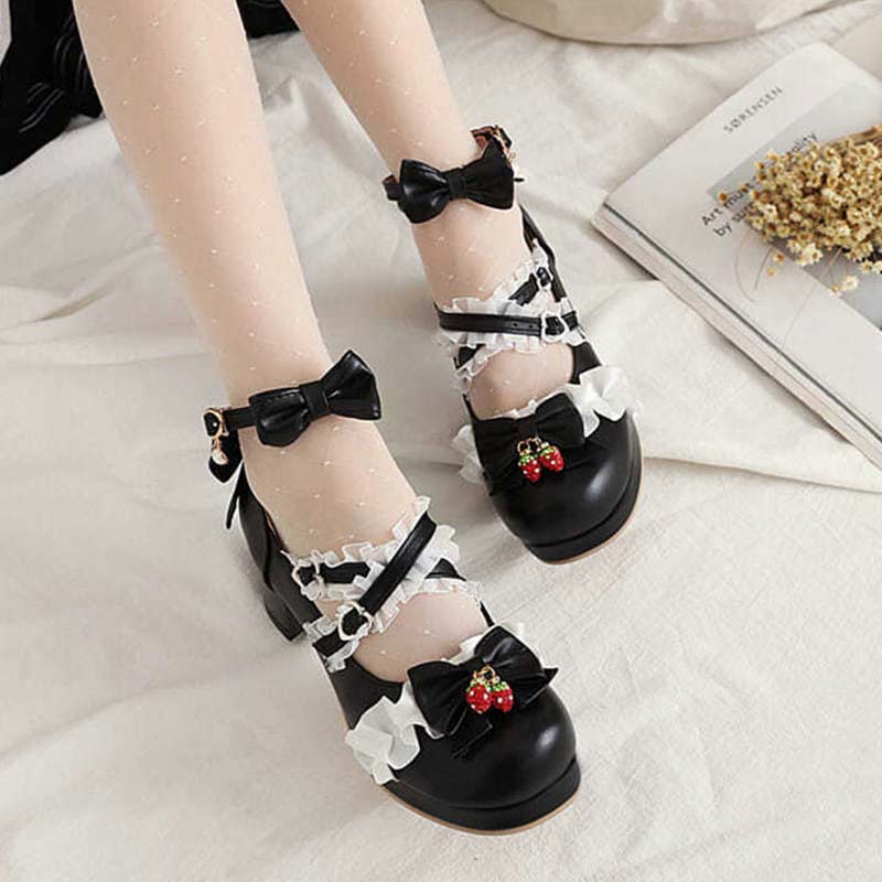 Kawaii Lace Bow Lolita Kitten Heel Mary Janes Shoes Modakawa